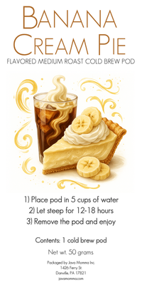 Thumbnail for Banana cream pie flavored cold brew pod label 
with a glass of coffee and pie slice on a white background.