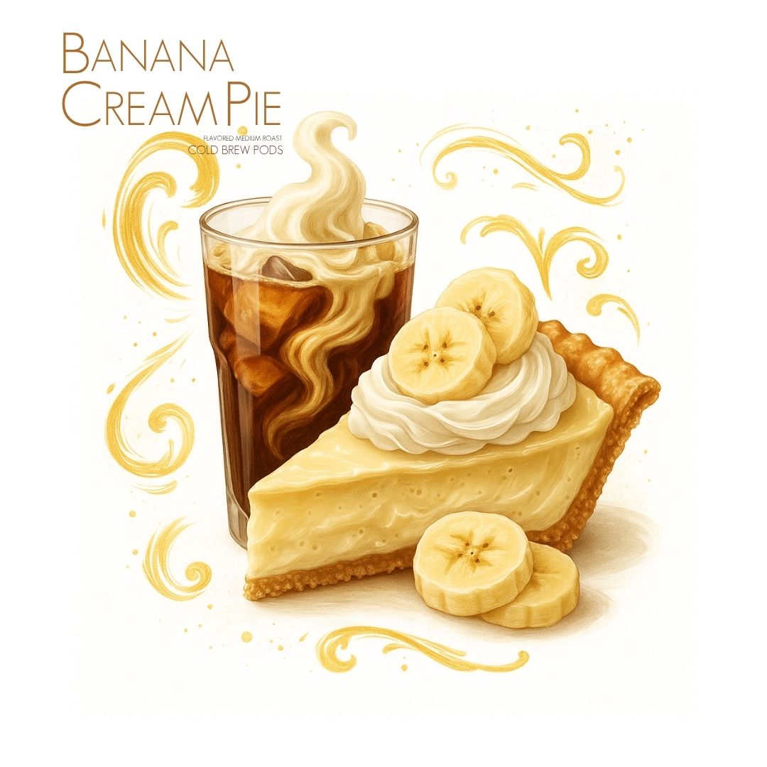 A slice of banana cream pie with whipped cream and banana slices sits next to a glass of Banana Cream Pie Cold Brew Pods 🍌🥧🧊, topped with cream. Decorative swirls and Banana Cream Pie appear in the background.