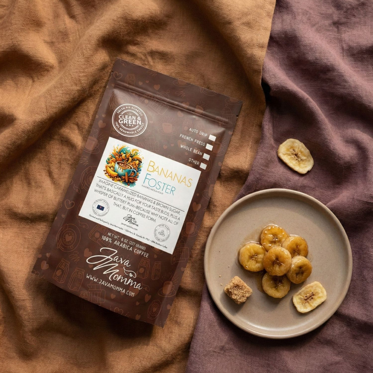 Flat lay of medium roast coffee beans, bananas and brown sugar
