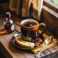 Thumbnail for A steaming cup of 🍌 Bananas Foster Storm medium roast coffee, with caramelized banana, brown sugar, and rum notes, sits on a saucer with a banana and pecans. A syrup bottle rests on a sunlit wooden windowsill nearby.