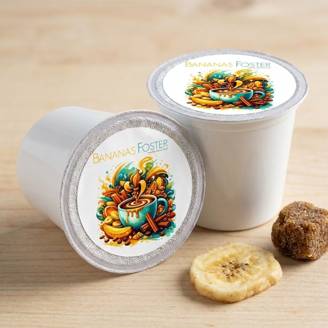Two 'Bananas Foster' coffee pods on a wooden surface with a banana and brown sugar cube.