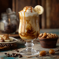 Thumbnail for A glass of 🍌 Bananas Foster Storm – medium roast coffee with caramelized banana, brown sugar, and rum notes – topped with whipped cream, caramel drizzle, banana slices, and nuts on a rustic table. Coffee beans and dates in the background.
