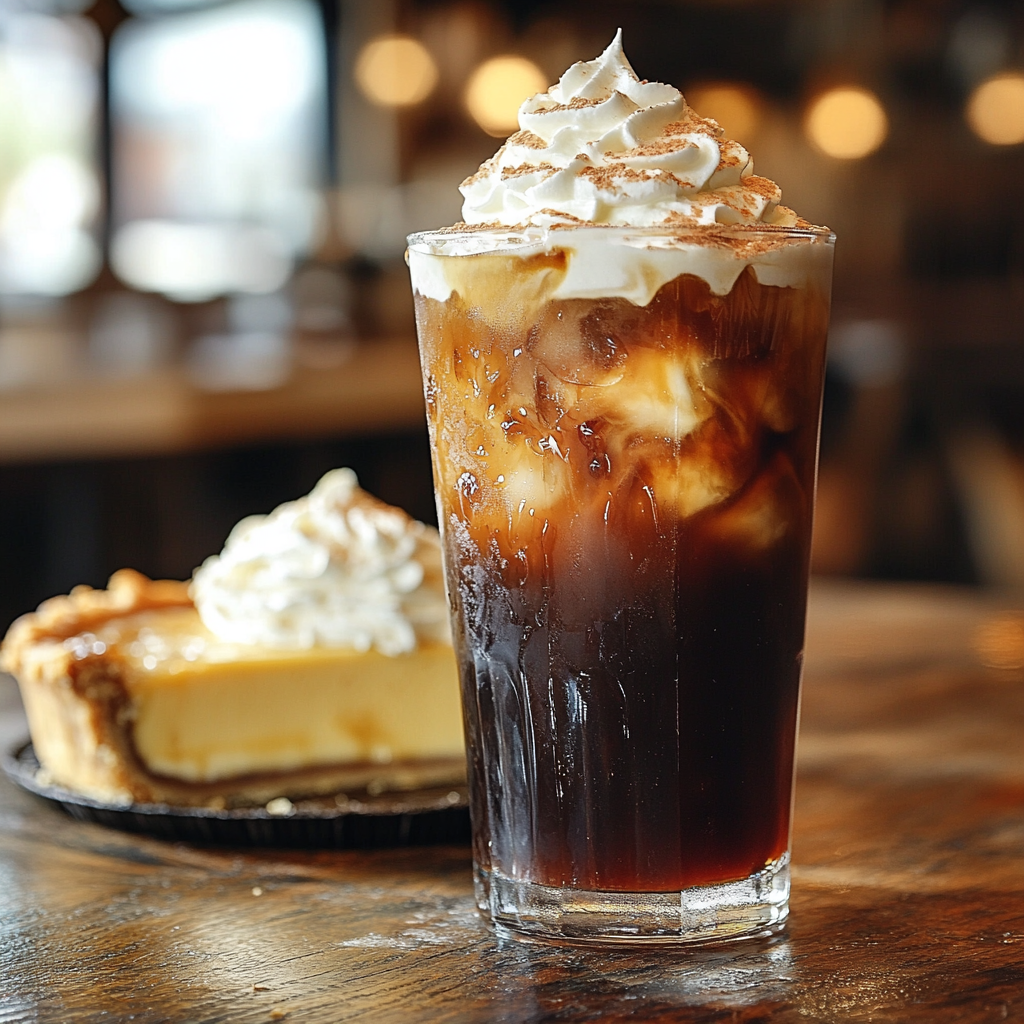 A glass of Banana Cream Pie Cold Brew Pods coffee, topped with whipped cream, sits on a wooden table. In the softly lit background, a slice of pie with whipped cream adds to the warm and cozy scene.