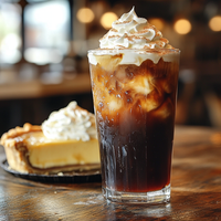 Thumbnail for A glass of Banana Cream Pie Cold Brew Pods coffee, topped with whipped cream, sits on a wooden table. In the softly lit background, a slice of pie with whipped cream adds to the warm and cozy scene.