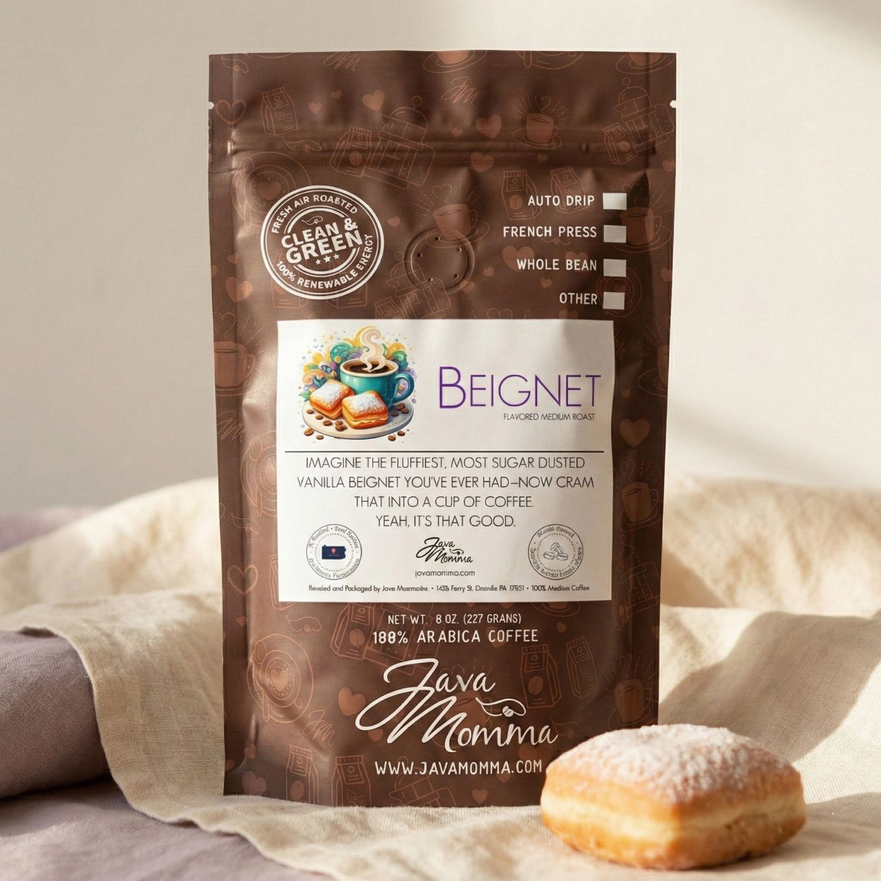 Beignet flavored coffee bag by Java Momma - February Limited Edition.