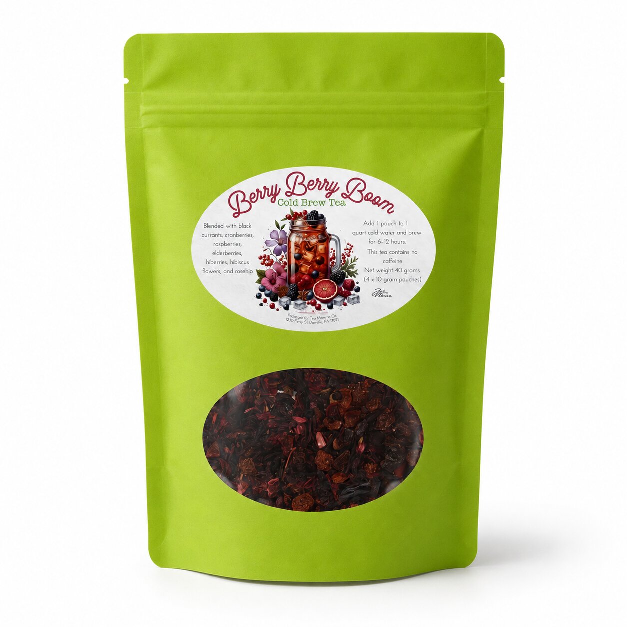 Green package of Berry Berry Boom cold brew tea on a white background