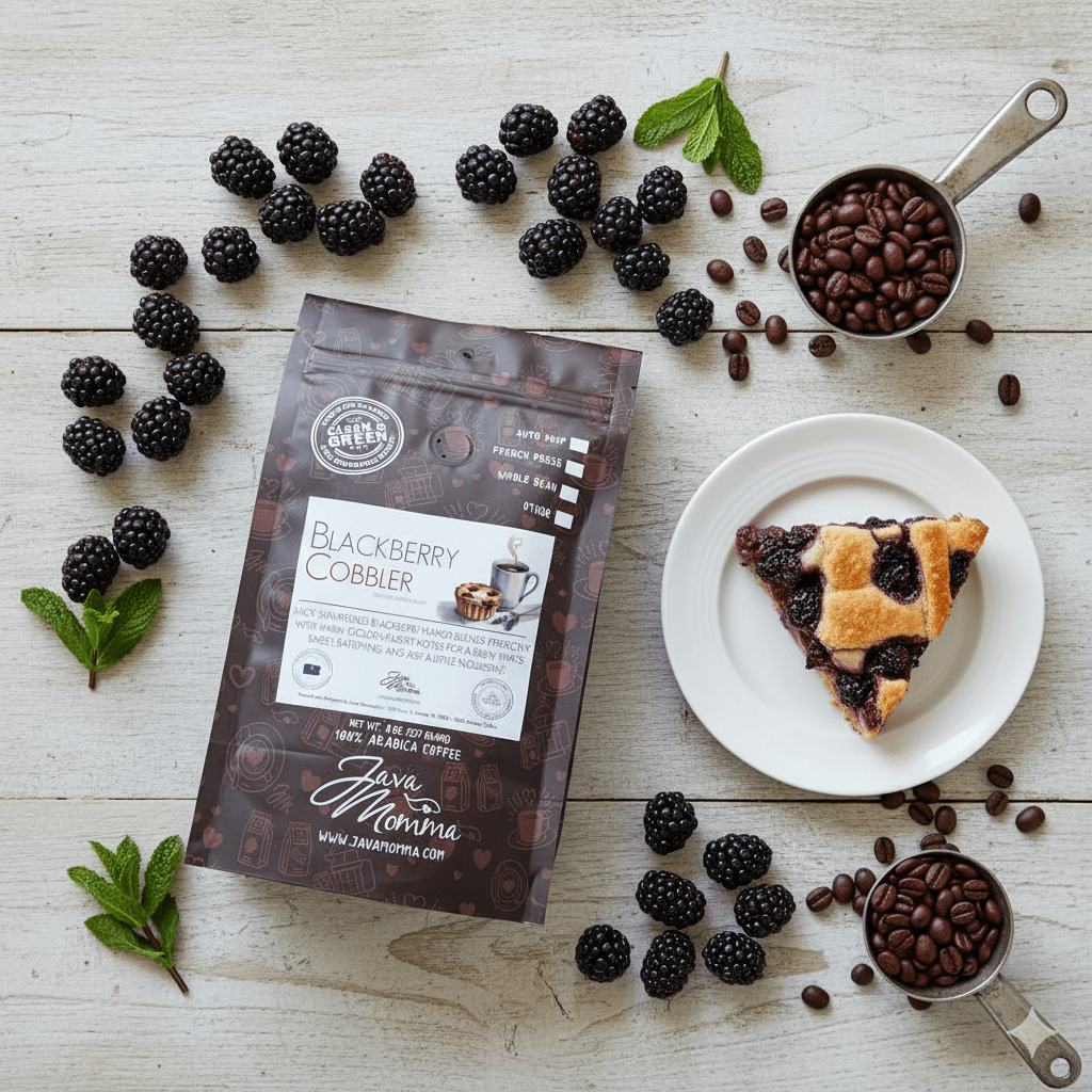 Java Momma Blackberry Cobbler coffee package with blackberries, cobbler slice, and coffee beans on a wooden surface.