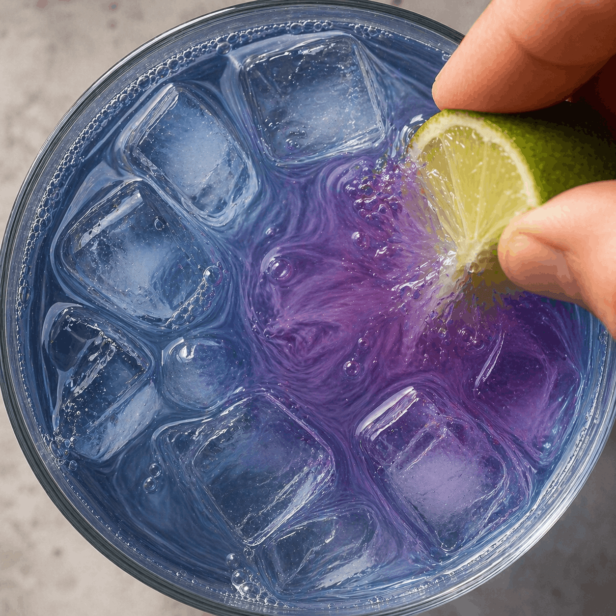 Blue Tide Cold Brew Tea Pods mixed with citrus, creating a vibrant blue and purple drink with ice.