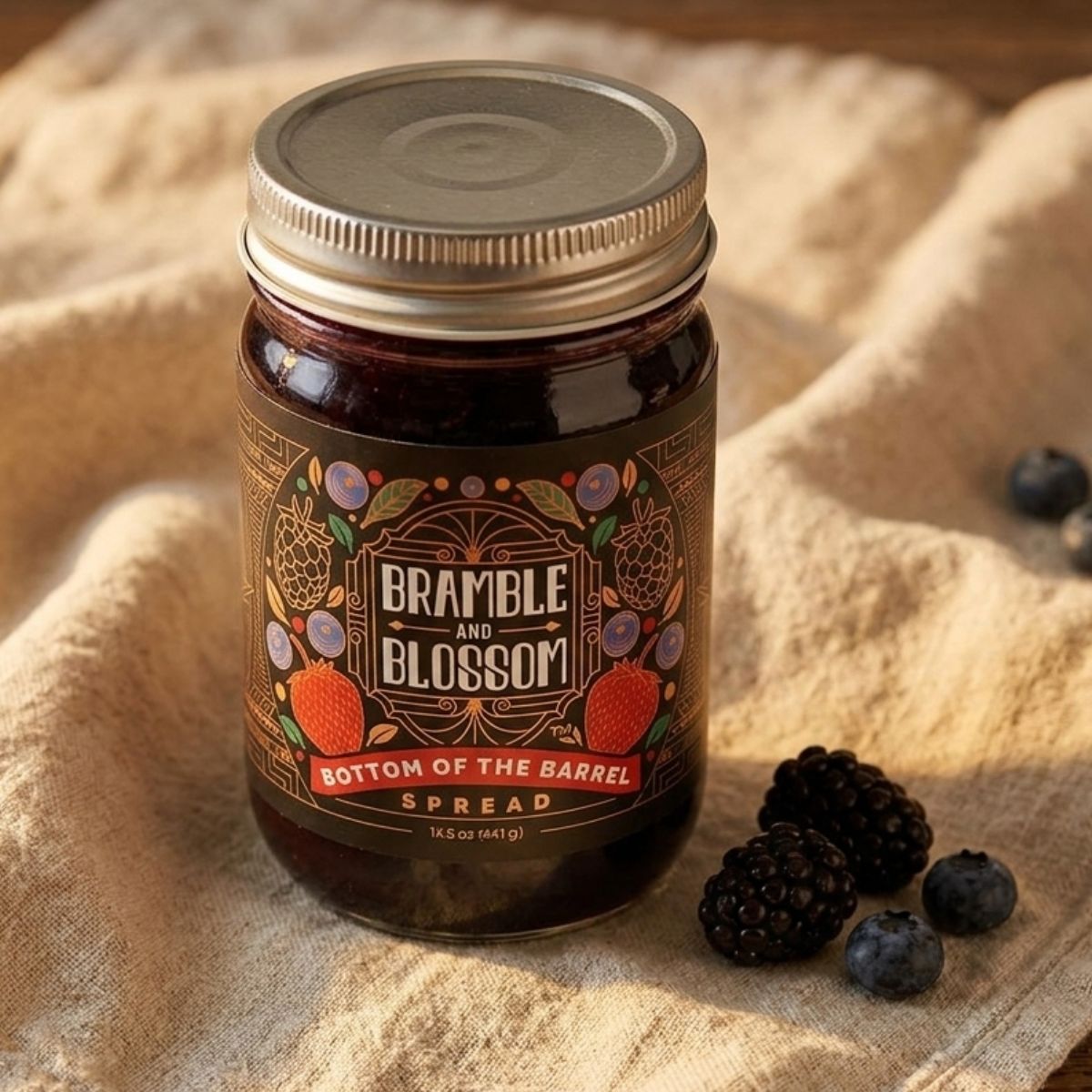 Jar of Bramble and Blossom spread on a textured fabric background with berries.