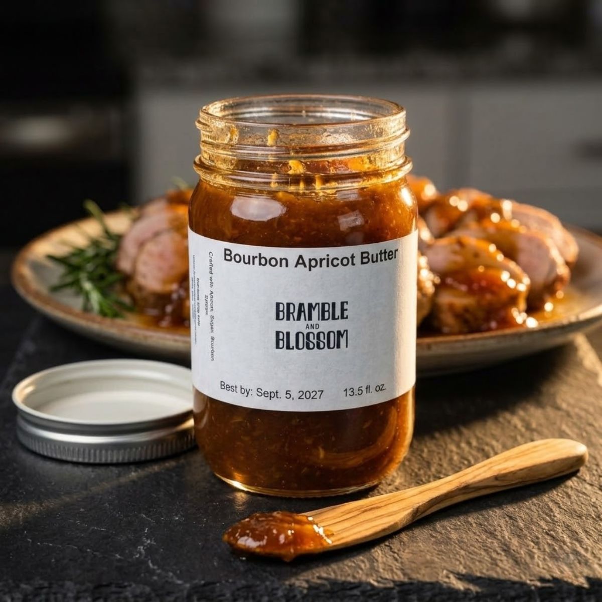 Jar of Bourbon Apricot Butter with a label, wooden spoon, and plate of food in the background.