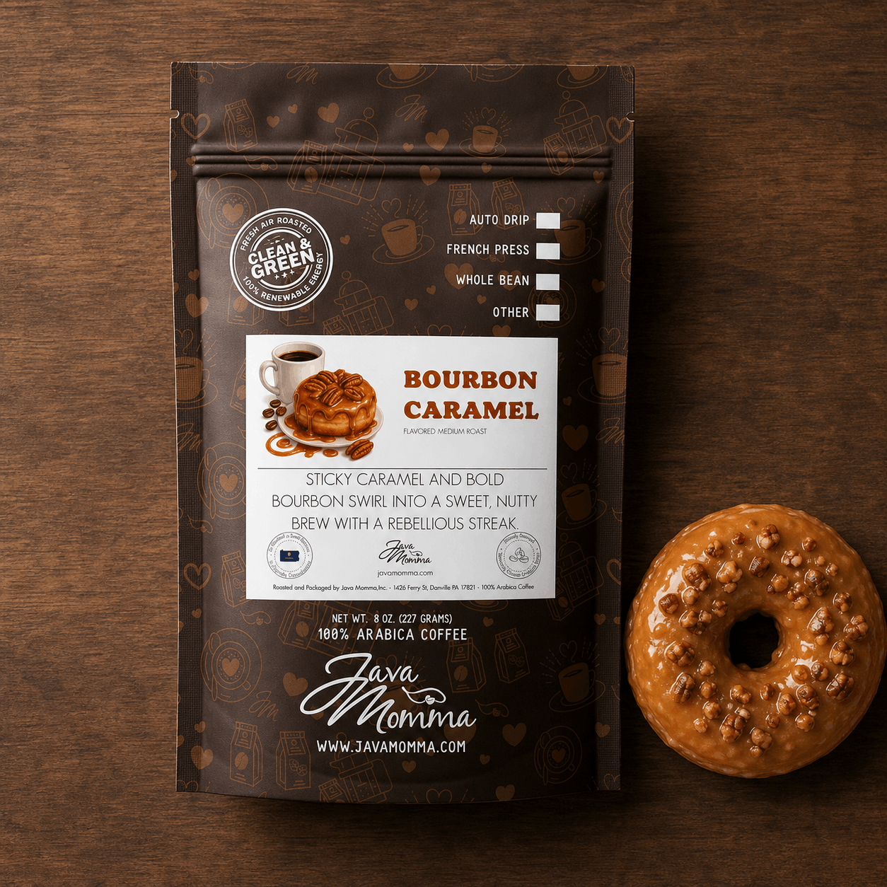 Overhead flatlay of Bourbon Caramel Donut coffee bag with a caramel glazed donut topped with pecans