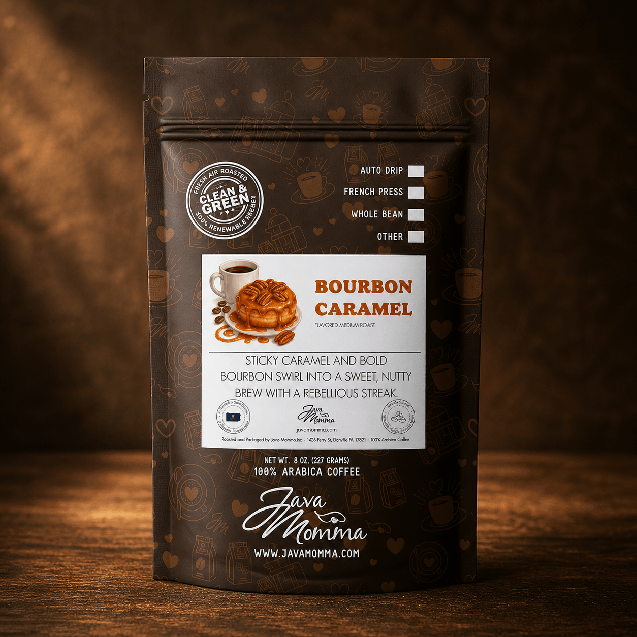Java Momma Caramel Bourbon Donut flavored coffee bag on a warm wood surface