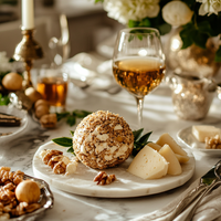 Thumbnail for A marble cheese board features a coated cheese ball seasoned with Bourbon Maple Hops Seasoning 🥃, cheese wedges, and walnuts on a white table with a wine glass, candles, floral decor, and warm sunlight streaming in.