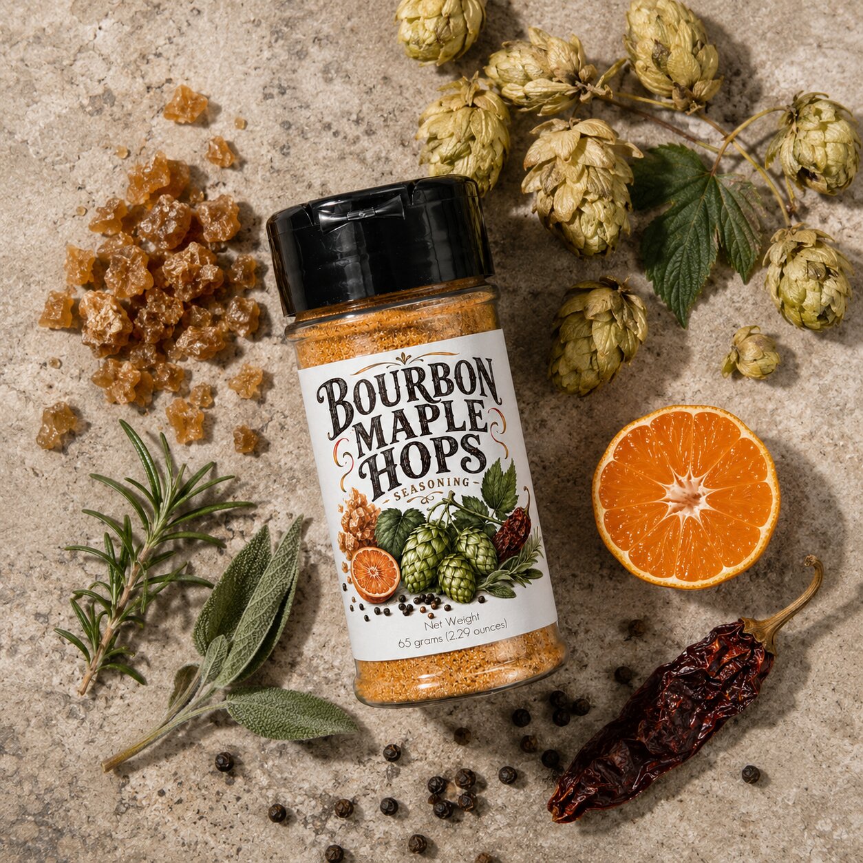 Bourbon Maple Hops Seasoning jar surrounded by hops, tangerine, and spices on a stone surface.
