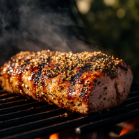 Thumbnail for A juicy pork tenderloin, crusted with Bourbon Maple Hops Seasoning 🥃, sizzles on the grill with smoky chipotle notes, marked by perfect grill lines and rising steam, set in a warm outdoor scene.