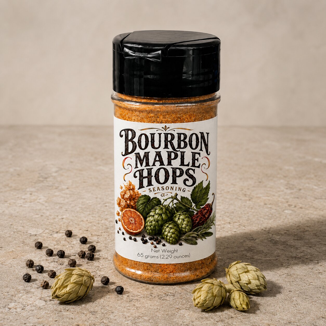 Bourbon Maple Hops Seasoning bottle with hops and spices on a stone background.