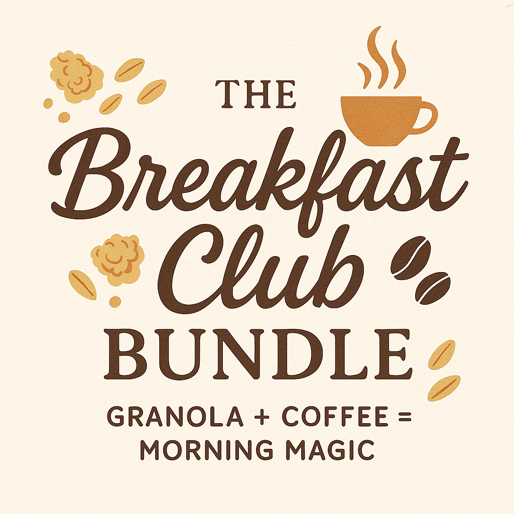 Illustrated ad for ☕ The Breakfast Club Bundle – Granola + Coffee, with small-batch granola, fresh-roasted coffee, and a steaming cup. Text: GRANOLA + COFFEE = MORNING MAGIC.