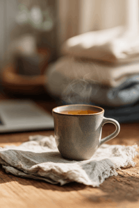 Thumbnail for Steaming tea cup on a wooden table with a blurred background