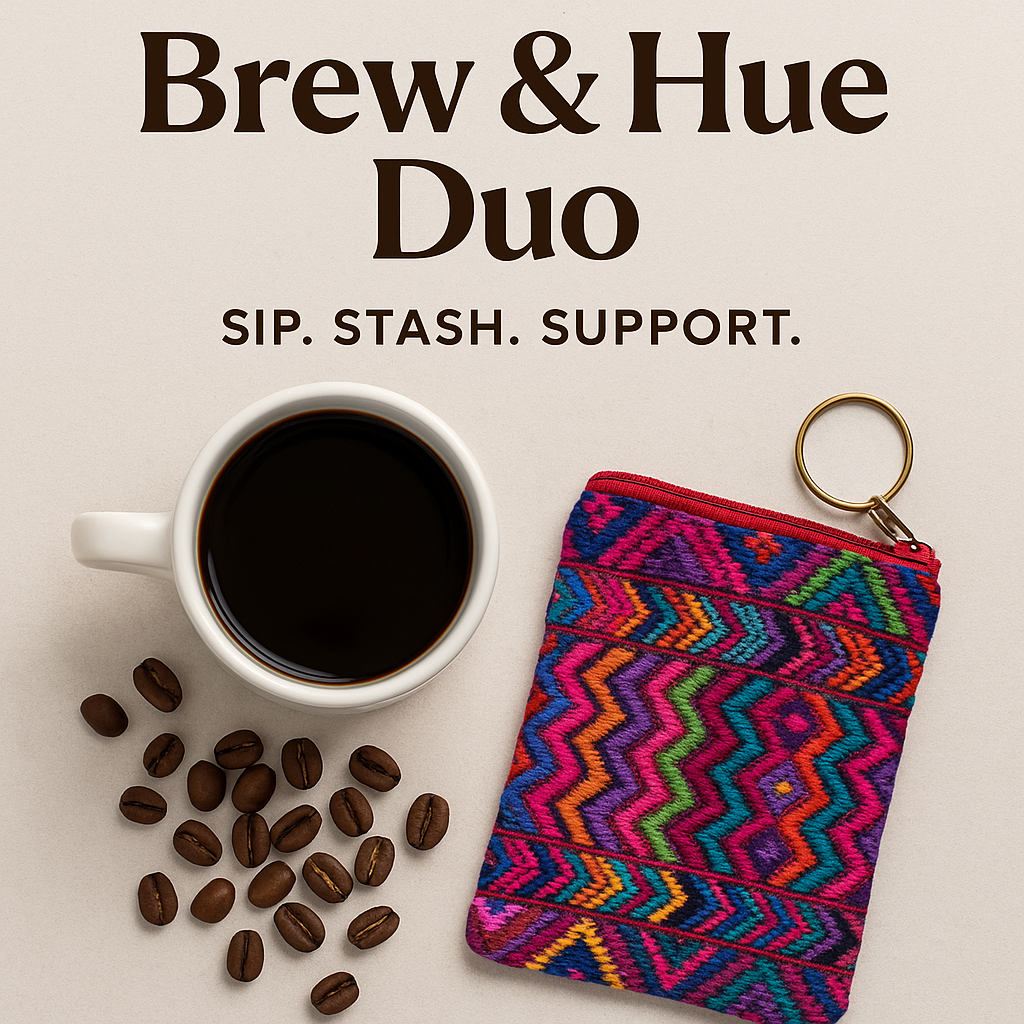 Flat lay image featuring a white ceramic mug filled with black coffee next to a colorful, handmade Huipile keychain pouch with a gold key ring. Scattered coffee beans lie nearby on a neutral background. Bold text above reads “Brew & Hue Duo” with the tagline “Sip. Stash. Support.” underneath.