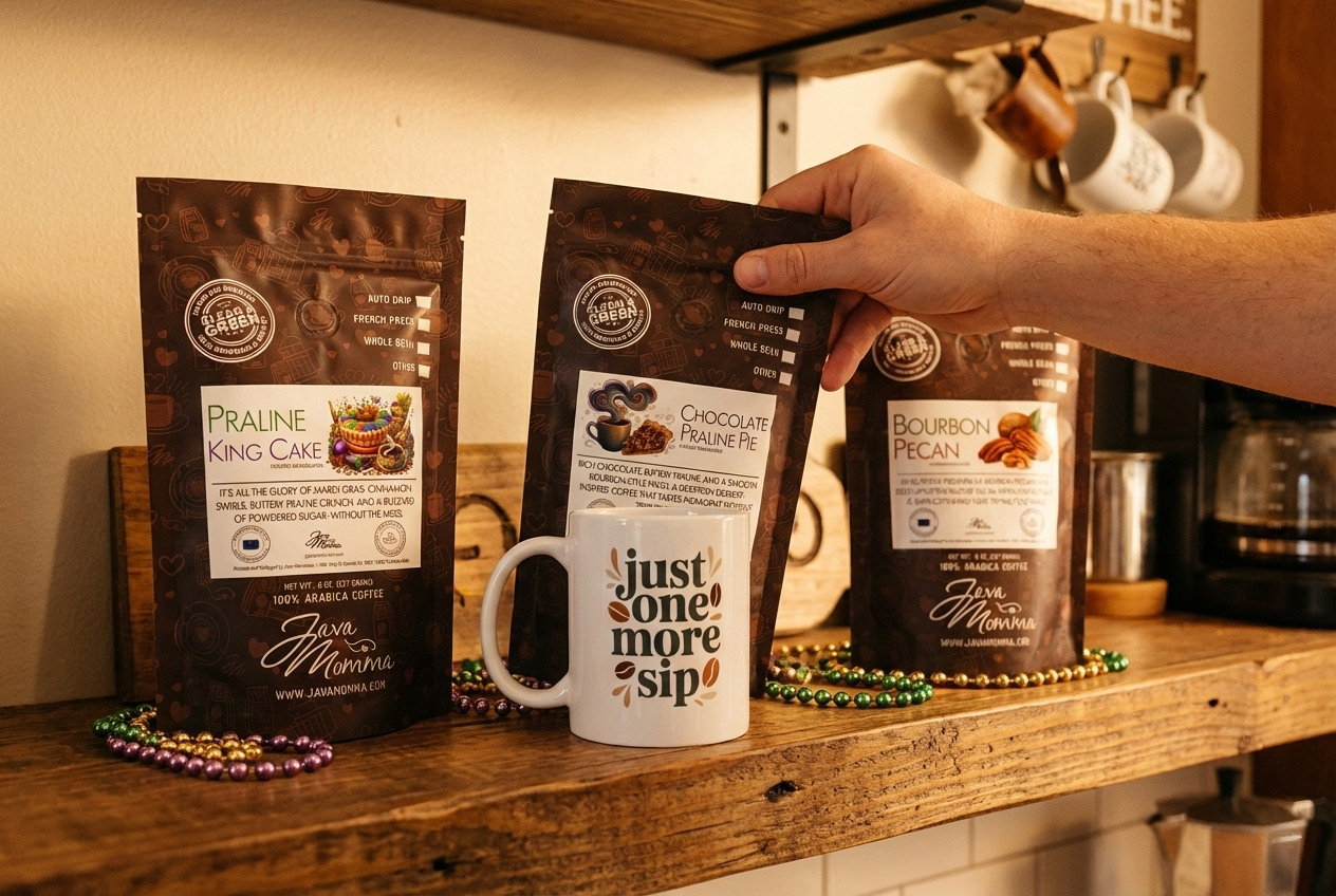Hand reaching for a bag of Java Momma Mardi Gras flavored coffee on a wooden shelf, displayed next to the 'Just One More Sip' ceramic mug and festive beads.