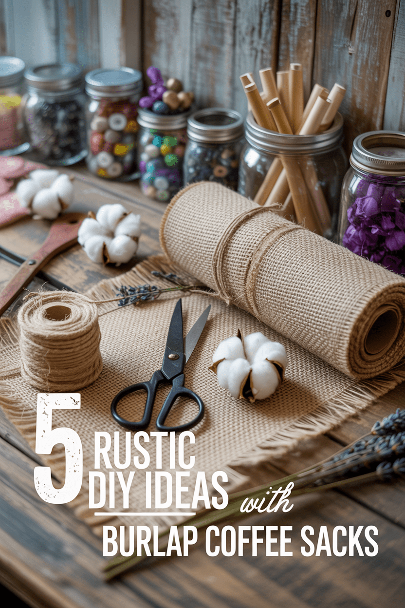 A table with crafting supplies—Authentic Upcycled Burlap Coffee Bags, twine, scissors, cotton, and jars of beads—perfect for farmhouse décor. Text overlay: “5 rustic DIY ideas with Burlap Coffee Bags.”.