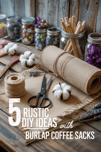 Thumbnail for A table with crafting supplies—Authentic Upcycled Burlap Coffee Bags, twine, scissors, cotton, and jars of beads—perfect for farmhouse décor. Text overlay: “5 rustic DIY ideas with Burlap Coffee Bags.”.