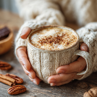 Thumbnail for Hands in cozy knit sleeves cradle a mug topped with frothy Sweet Butter Pecan 🥧 coffee—made from 100% Arabica beans, featuring buttery, nutty, fall-luxurious notes. Pecans and cinnamon sticks accent a rustic wooden table in the background.