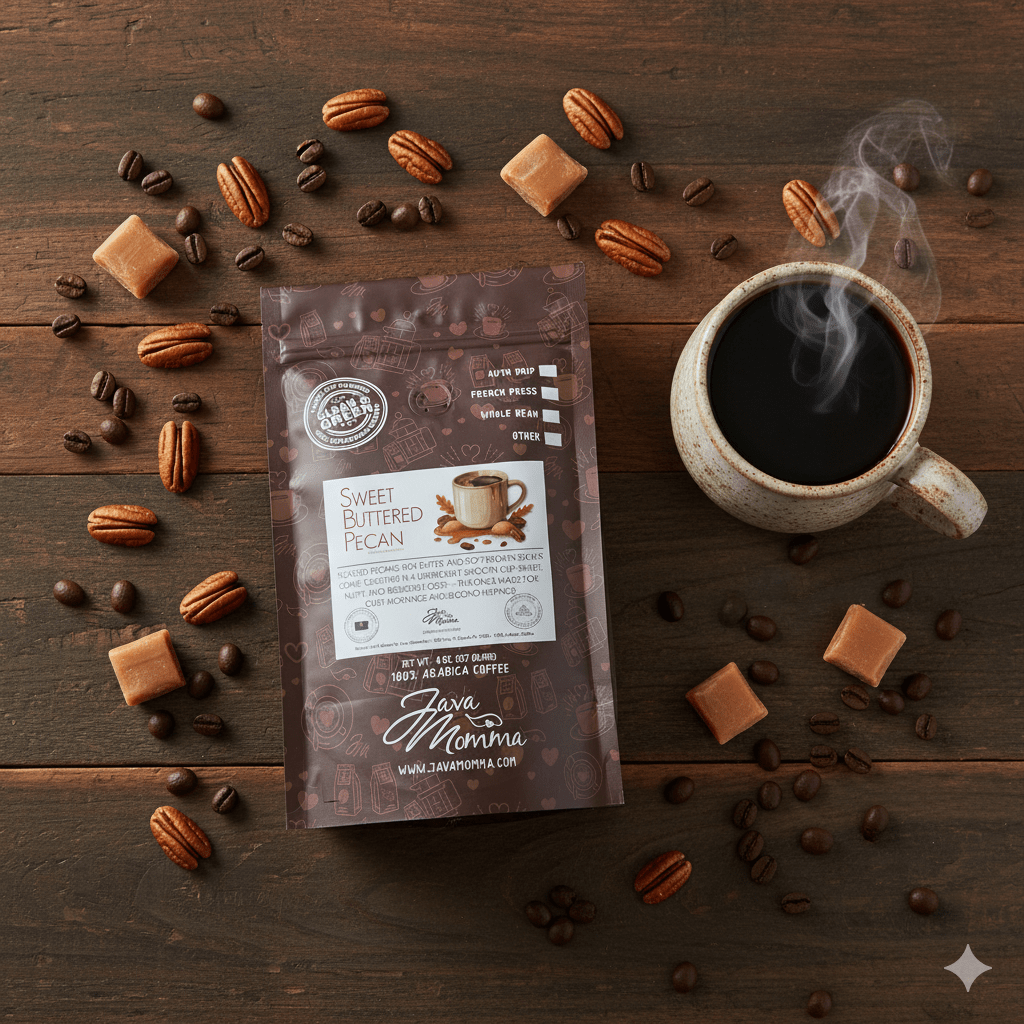 Flat lay of Java Momma Sweet Buttered Pecan coffee bag with steaming mug, roasted pecans, caramel squares, and coffee beans on rustic wood – Butter Pecan flavored coffee overhead shot