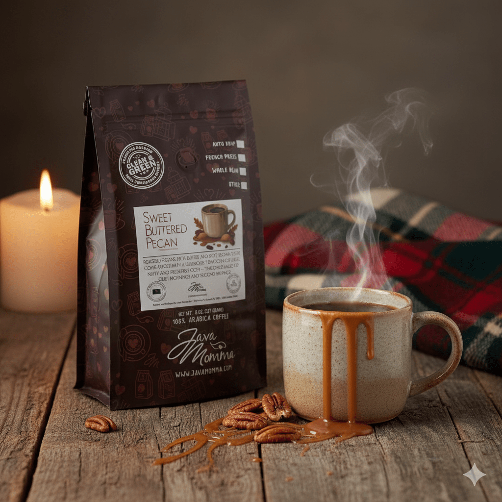 Java Momma Sweet Buttered Pecan coffee bag with steaming mug topped with caramel drip, pecans scattered, candle and plaid blanket in cozy fall setting – Butter Pecan flavored coffee scene