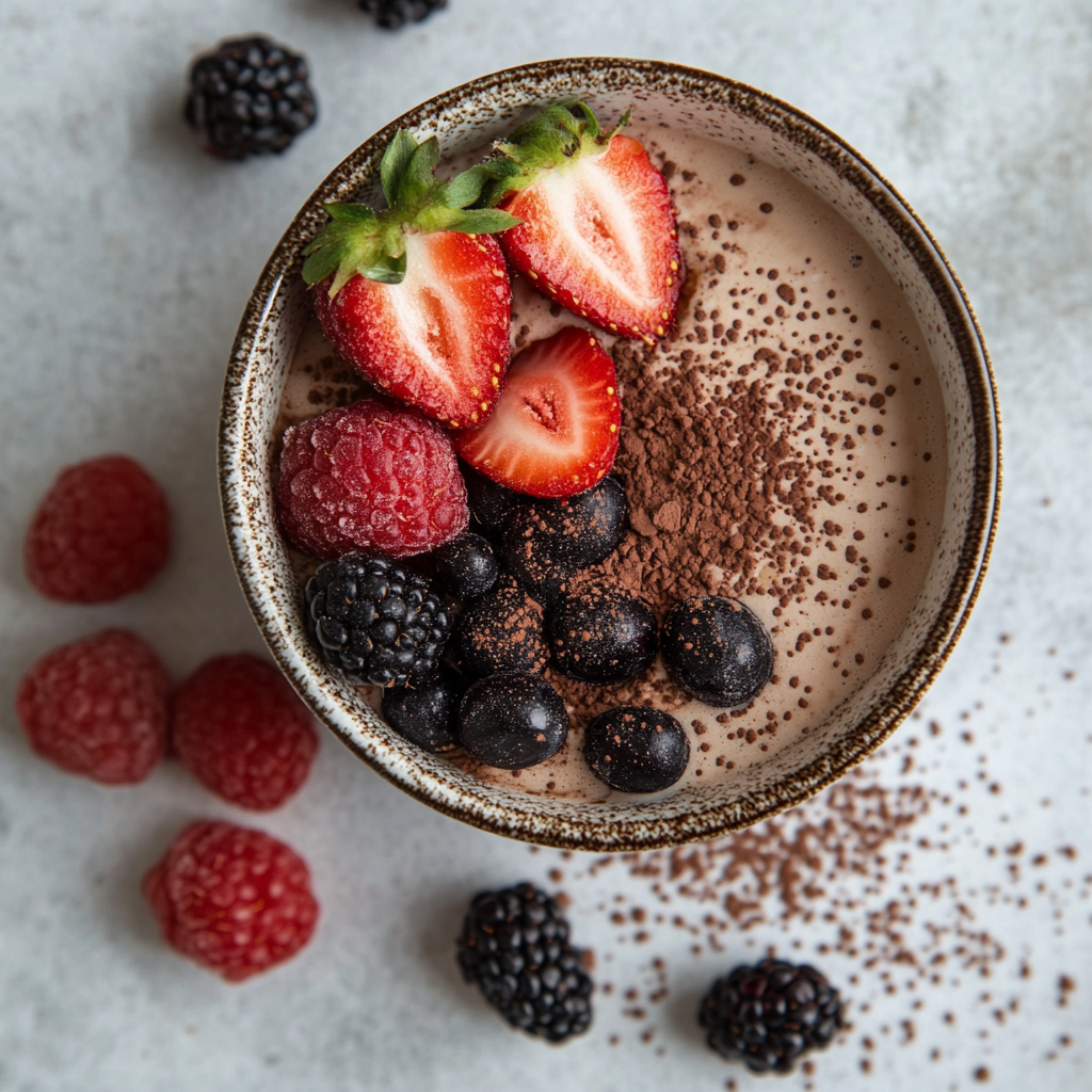 Smoothie bowl topped with cacao sugar, sliced strawberries, blackberries, blueberries, and raspberries, with scattered berries on a light background.