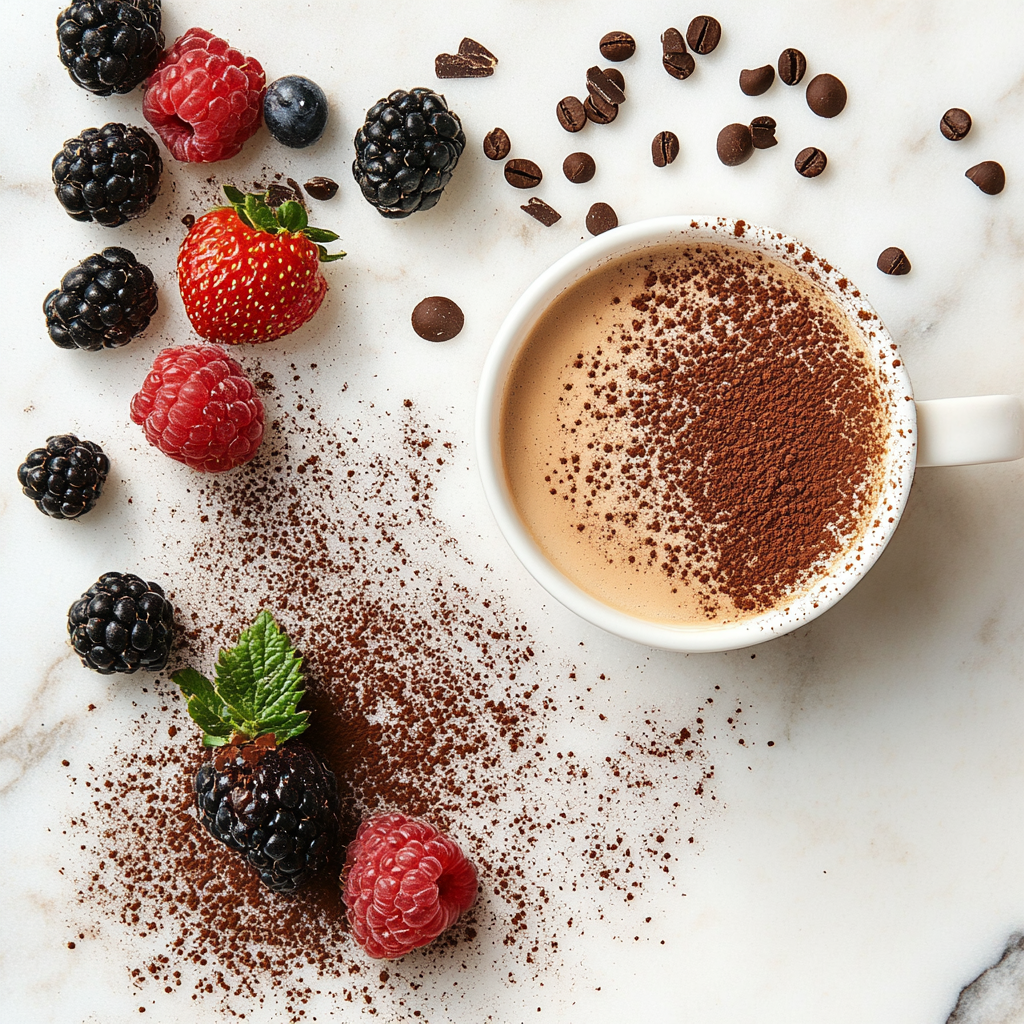 Cup of coffee sprinkled with cacao sugar, surrounded by fresh raspberries, blackberries, strawberries, and coffee beans on a marble surface.