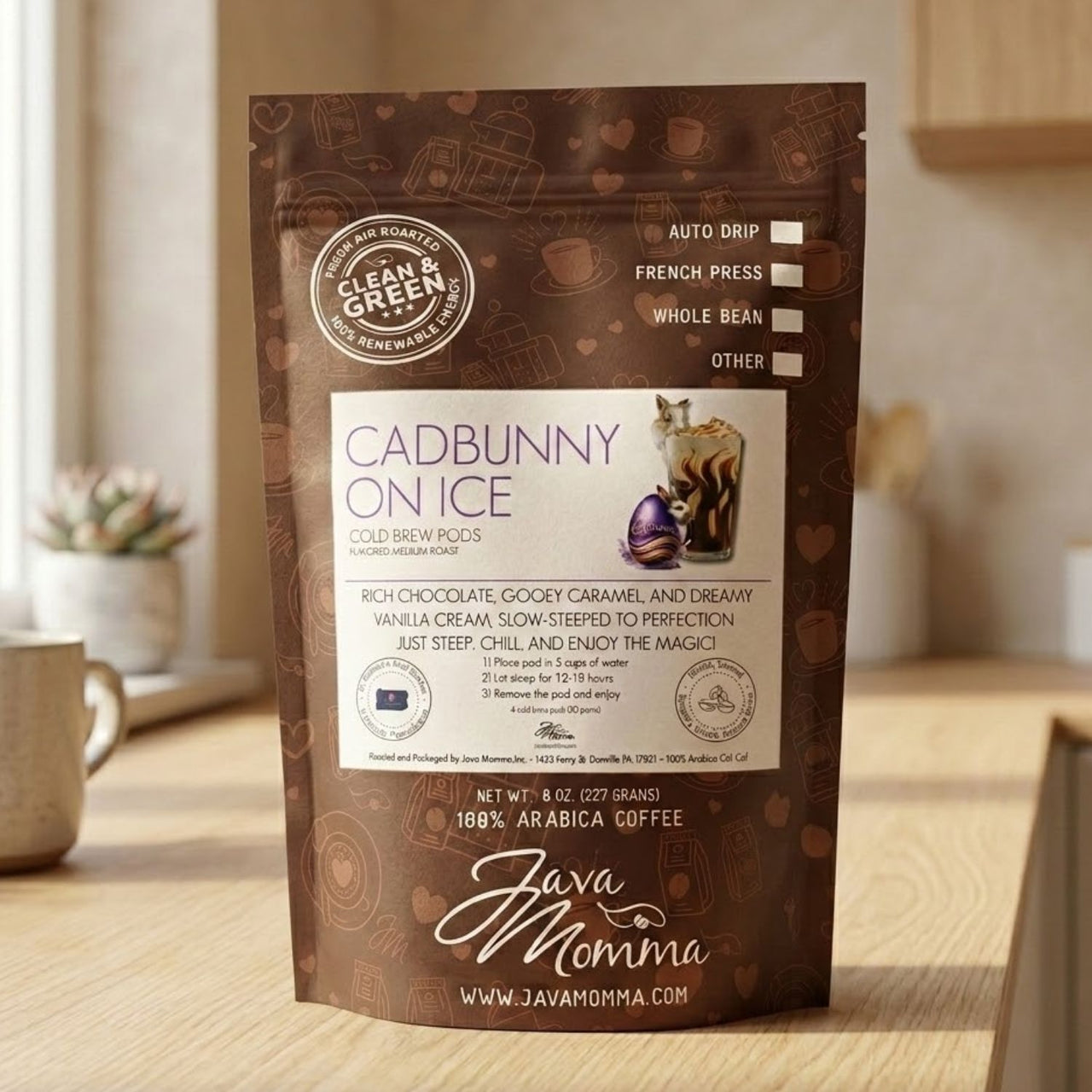 Java Momma Cadbunny on Ice coffee package with product details on a wooden surface