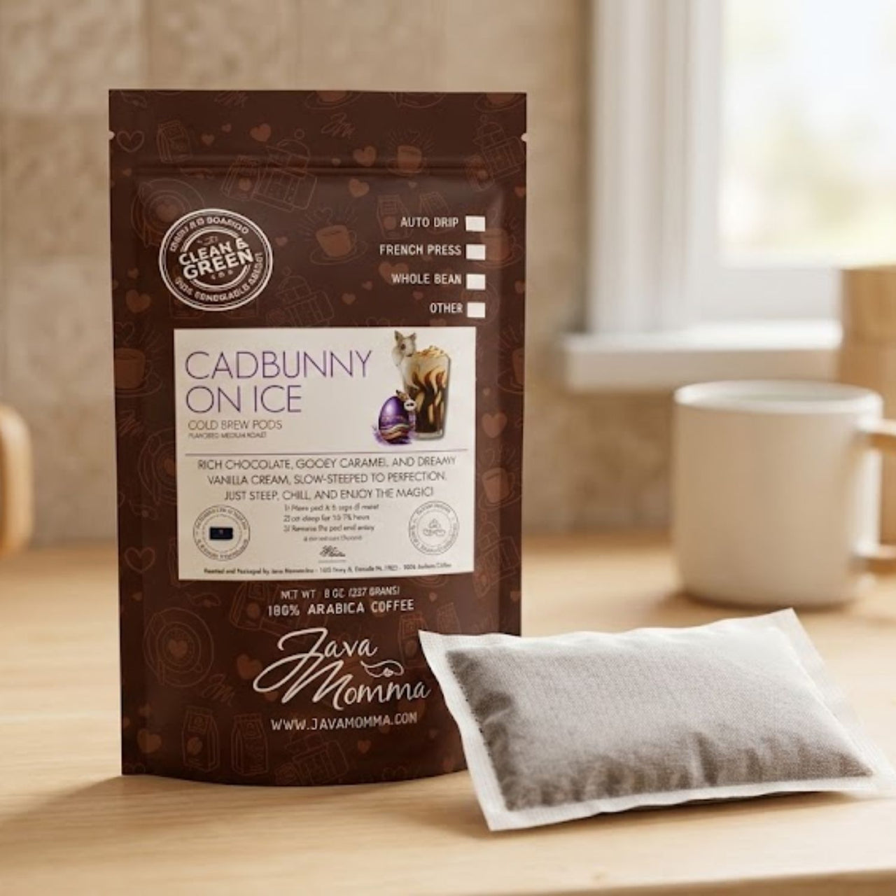 Java Momma Cadbunny on Ice coffee package with a cold brew pod
 on a wooden surface