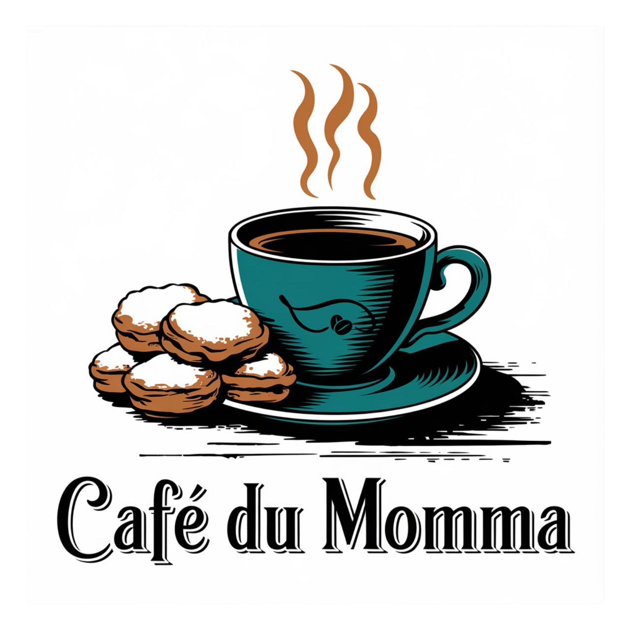 A clipart-style illustration of a steaming cup of coffee in a teal cup with a saucer, accompanied by powdered sugar-covered beignets. Below the image, the text reads "Café du Momma" in a bold, vintage-style font. The illustration has a hand-drawn, New Orleans-inspired aesthetic.