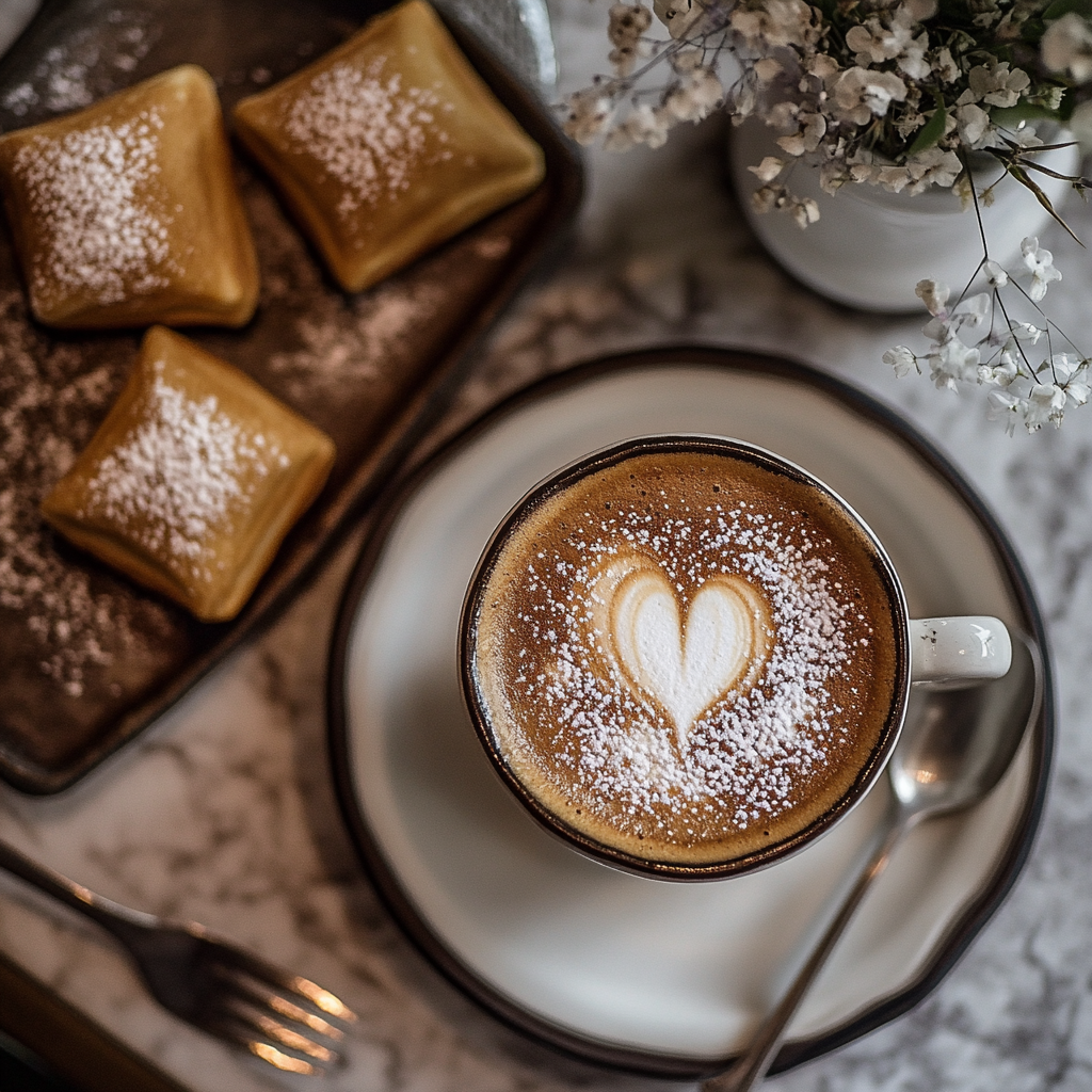 A close-up of a cappuccino in a white cup with a heart-shaped latte art design, dusted with powdered sugar. Beside the cup, a plate holds golden-brown beignets, also covered in powdered sugar. The scene is set on a marble table with a soft-focus background of white flowers.