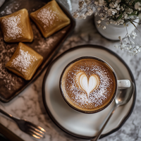 Thumbnail for A close-up of a cappuccino in a white cup with a heart-shaped latte art design, dusted with powdered sugar. Beside the cup, a plate holds golden-brown beignets, also covered in powdered sugar. The scene is set on a marble table with a soft-focus background of white flowers.