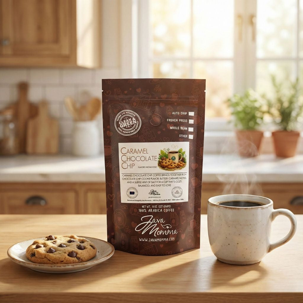 Caramel Chocolate Chip Cookie coffee bag on a kitchen counter with a steaming mug and cookie nearby
