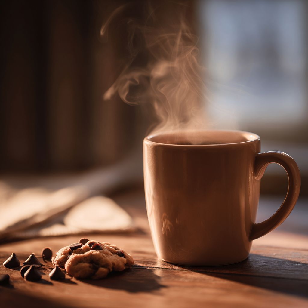 Close-up of coffee mug with chocolate chips and caramel tones on a wooden surface