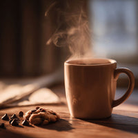Thumbnail for Close-up of coffee mug with chocolate chips and caramel tones on a wooden surface