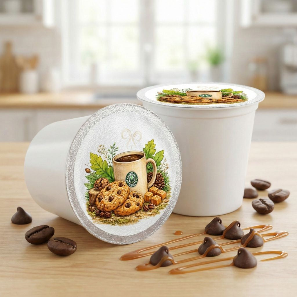 Caramel Chocolate Chip Cookie single-serve coffee pods with coffee beans and chocolate chips