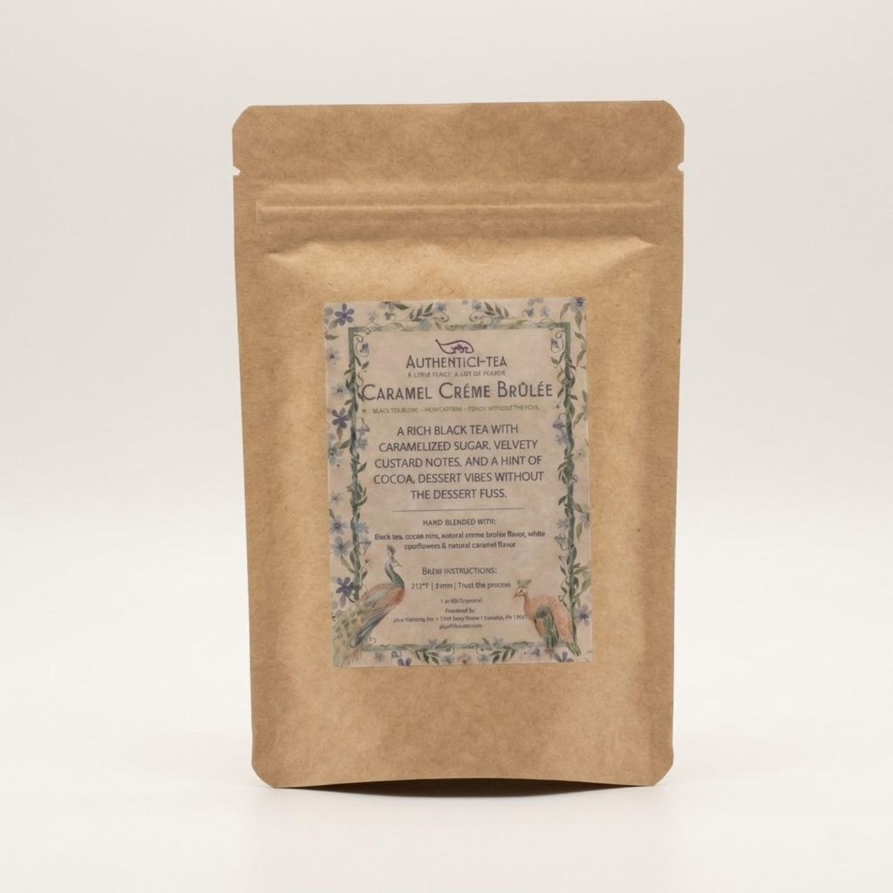 Kraft paper tea bag with a decorative label on a white background Caramel Creme Brulee tea
