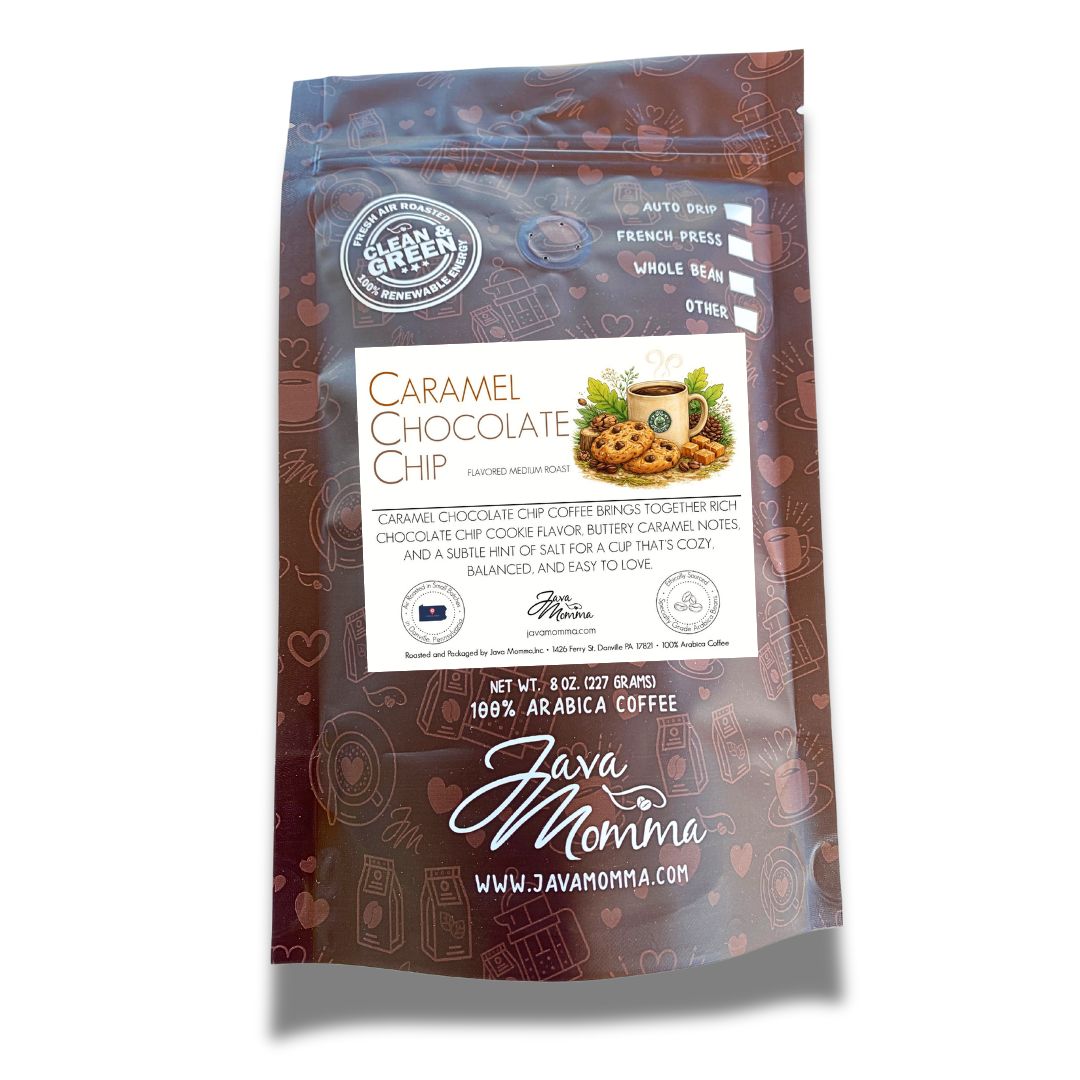 Caramel Chocolate Chip Cookie flavored coffee bag on a neutral background