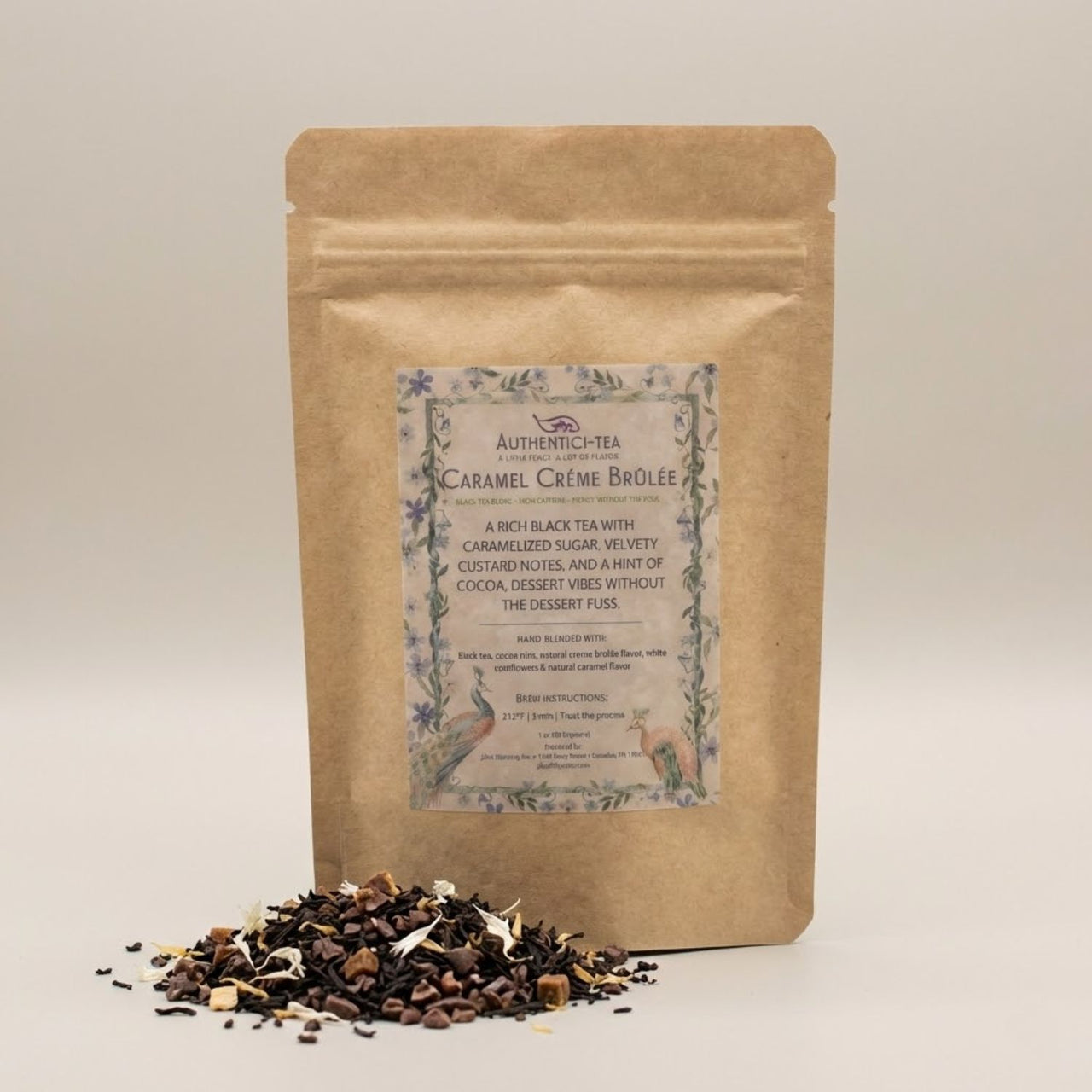 Tea package with a label on a light gray background Caramel Creme Brulee tea
