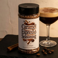 Thumbnail for Caramel Espresso Seasoning bottle with a glass of coffee and cinnamon sticks on a dark surface.