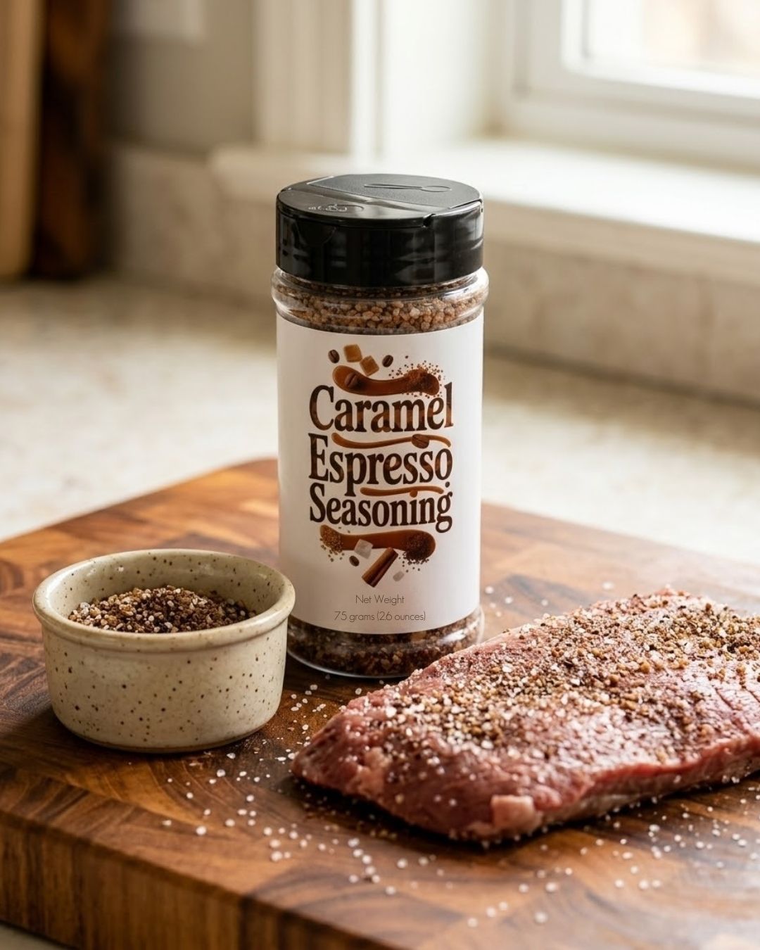 Caramel Espresso Seasoning container with a small bowl of seasoning and a piece of meat on a wooden cutting board.