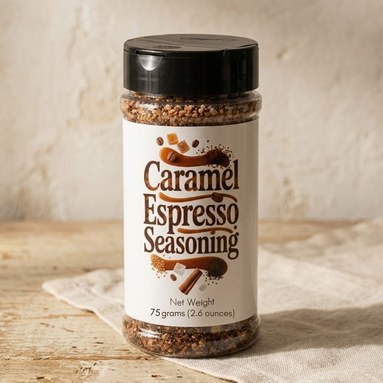 Jar of Caramel Espresso Seasoning on a wooden surface with a neutral background