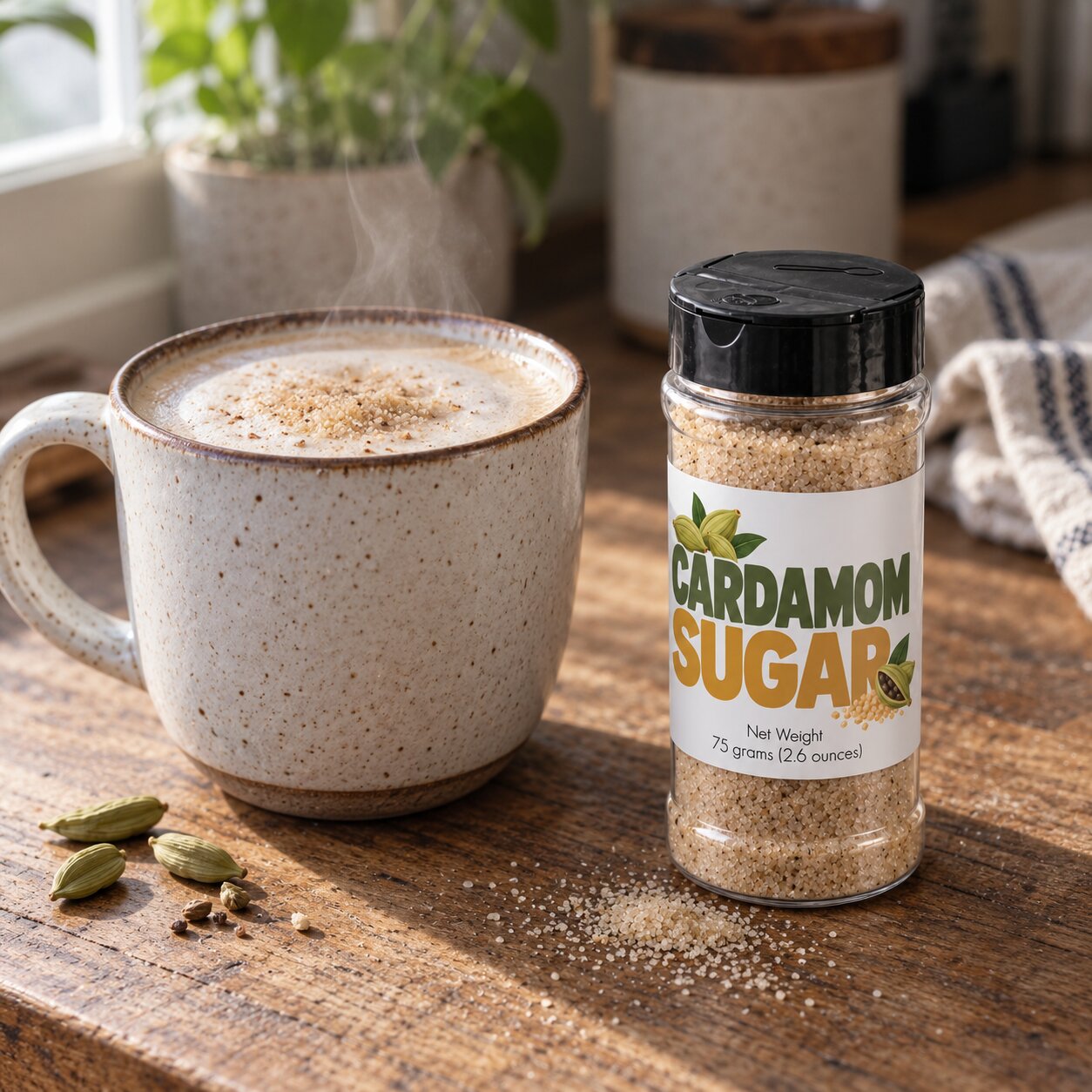 Cardamom Sugar Sprinkle jar beside a cozy steaming cup of drink on a wooden table, showcasing its warm, floral finish.