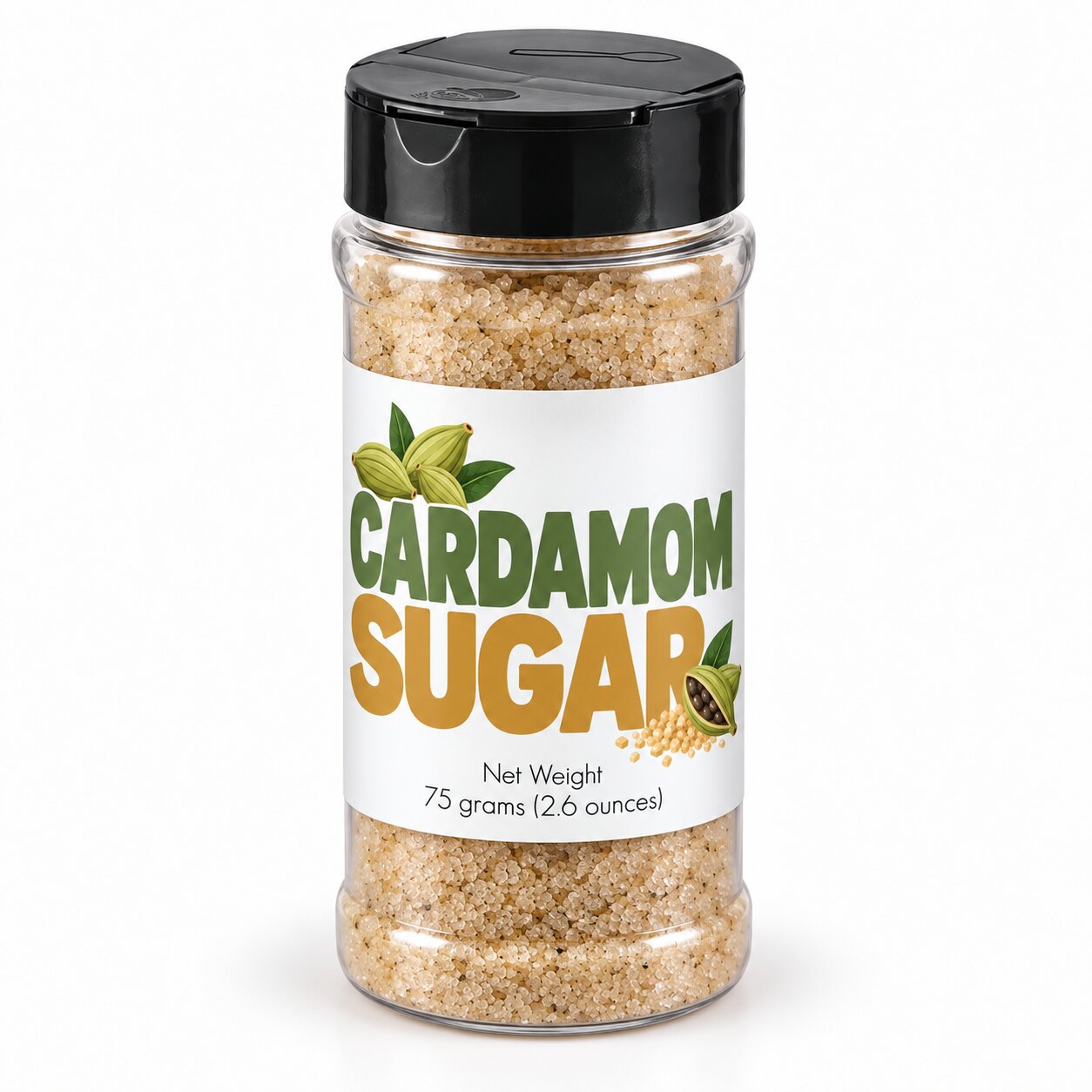 Cardamom Sugar Sprinkle in a clear jar, showcasing golden sugar crystals and real cardamom flavor.