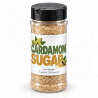 Thumbnail for Cardamom Sugar Sprinkle in a clear jar, showcasing golden sugar crystals and real cardamom flavor.