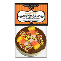 Thumbnail for A round chocolate-dipped marshmallow topped with three candy corn pieces and festive sprinkles. The package reads: Candy Corn Marshmallow Topper – Spooky Sweet & Dipped in Chocolate—perfect for Halloween hot cocoa!.